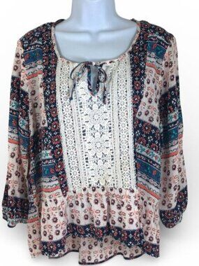 Jolt Boho Women's 3/4 Sleeve Mixed Floral High Low Blouse Crochet Front Large